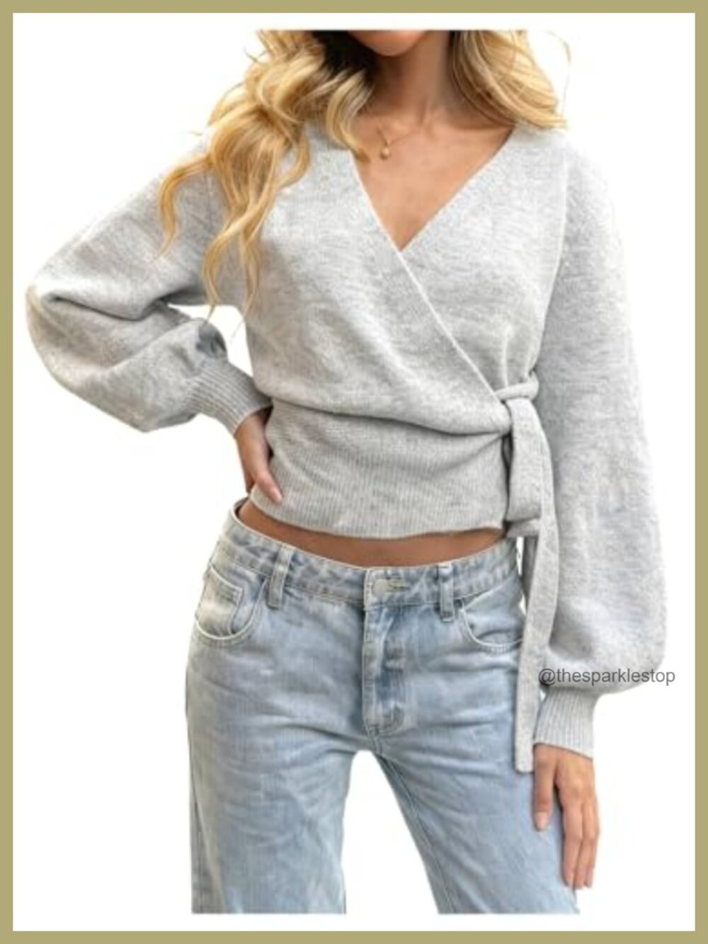 V Neck Wrap Sweater Cardigan Rib Knit Cropped Tie Knot Bishop Sleeve